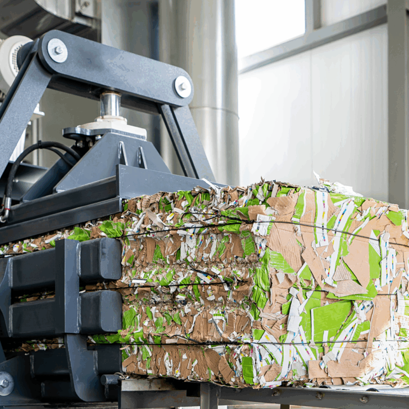 machine compressing recycled cardboard