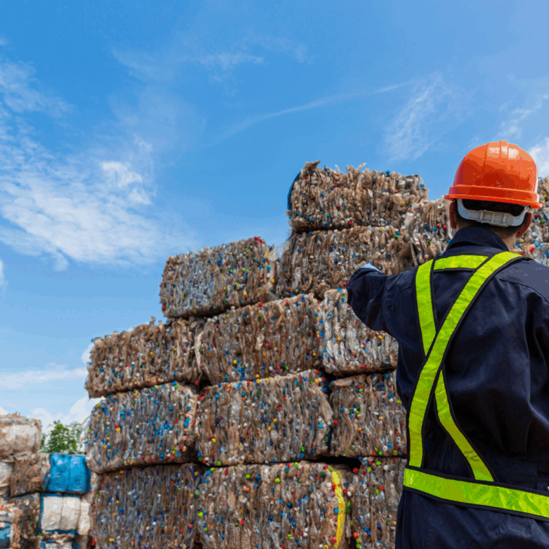worker looking at compressed cubes of rubbish