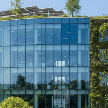 Building with glass windows and several plants and trees surrounding the building