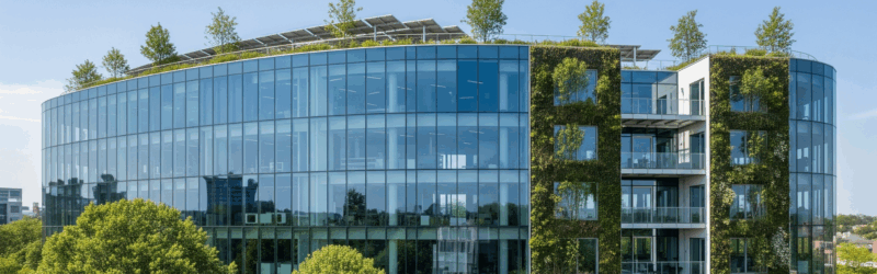 Building with glass windows and several plants and trees surrounding the building